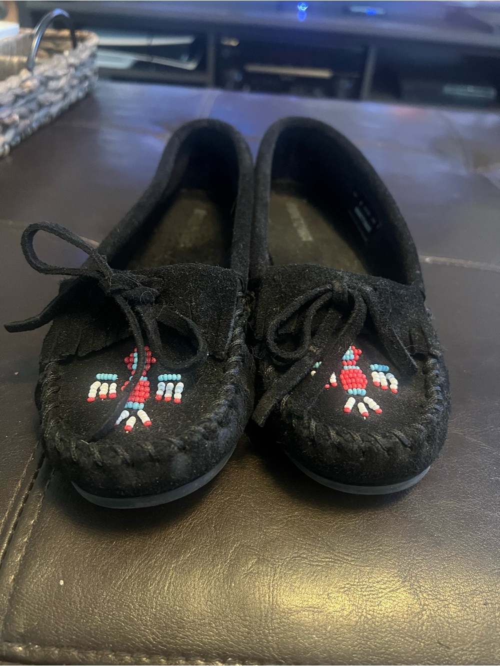 Women’s Minnetonka Black Beaded Moccasin Shoes
